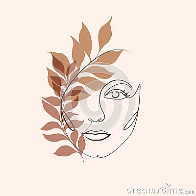 Abstract minimalistic linear sketch. Female face. Vector illustration hand draw with plant leaves. One line drawing face. Modern Vector Illustration