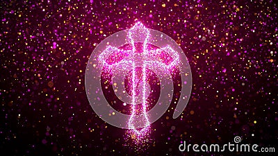 Red Purple Orange Shine Glitter Sparkle Cross Jesus Christianity Symbol Lines With Sparkle Glitter Particles Falling Stock Photo