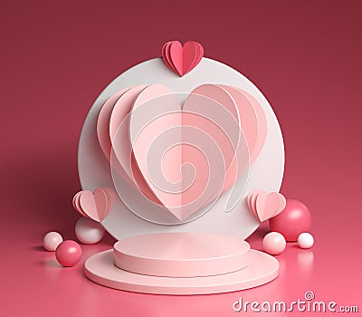 Abstract Mockup Platform With Paper Heart Pastel Pink Color 3D Render Stock Photo