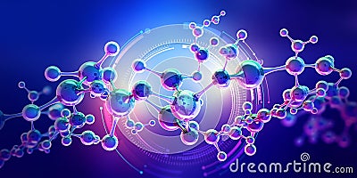 Abstract model of a molecule. Digital technologies in genetic engineering. Crystal lattice structure. Research in molecular synthe Cartoon Illustration