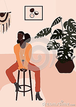 Abstract modern african american black woman in fashion trendy clothes sitting on chair in room Vector Illustration