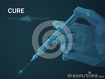 Abstract modern business background vector cure concept with polygonal hand holding vaccine injection on dark blue background Vector Illustration