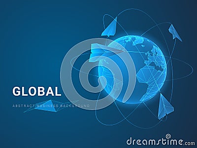 Abstract modern business background vector depicting globality in shape of paper planes flying around Earth on blue background Vector Illustration