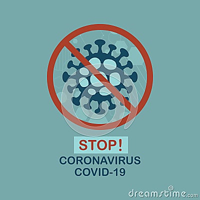 Abstract modern electron micrograph Coronavirus cell structure of STOP COVID-19 sign icon on teal Vector Illustration