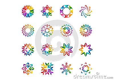 Abstract modern elements logo, circle rainbow flowers, Set of round floral,stars,arrows and sun symbol icon vector designs Vector Illustration