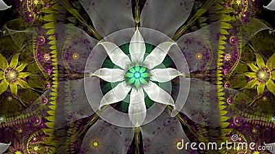 Abstract modern fractal background with twisted interconnected psychedelic space flowers and decorative stars in green,yellow,pink Stock Photo