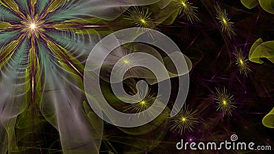 Abstract modern fractal background with twisted interconnected psychedelic space flowers and decorative stars in green,yellow,pink Stock Photo