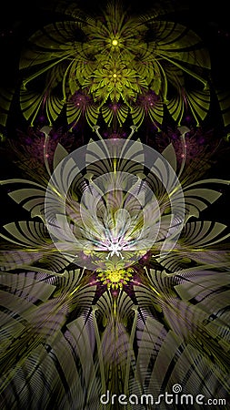 Abstract modern fractal background with twisted interconnected psychedelic space flowers and decorative stars in green,yellow,pink Stock Photo