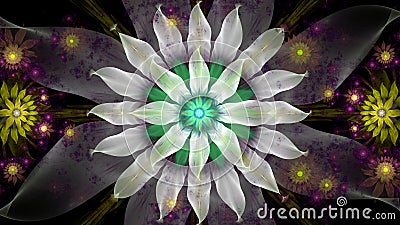 Abstract modern fractal background with twisted interconnected psychedelic space flowers and decorative stars in green,yellow,pink Stock Photo