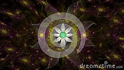 Abstract modern fractal background with twisted interconnected psychedelic space flowers and decorative stars in green,yellow,pink Stock Photo