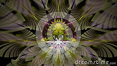 Abstract modern fractal background with twisted interconnected psychedelic space flowers and decorative stars in green,yellow,pink Stock Photo