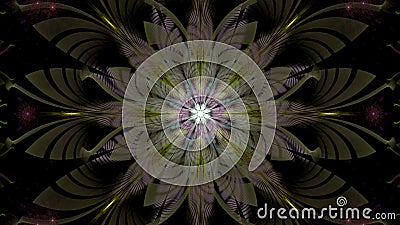 Abstract modern fractal background with twisted interconnected psychedelic space flowers and decorative stars in green,yellow,pink Stock Photo