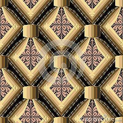 Abstract modern geometric vector seamless pattern. Floral vintage Damask ornament. Gold lace frames. Striped surface 3d design. O Vector Illustration