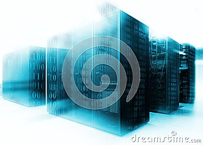 Abstract of modern high tech internet data center room with rows of racks with network and server hardware. Stock Photo