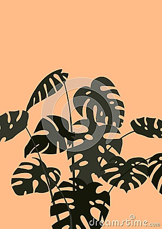 Abstract modern print with monstera leaves on orange background Vector Illustration