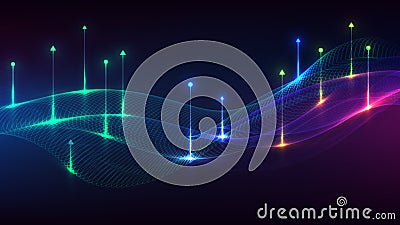 Abstract modern technology digital futuristic concept dynamic mesh blue wave lines with arrows lines and lighting effect on dark Vector Illustration