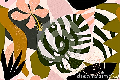 Abstract modern tropical paradise collage with various of fruits, exotic plants and geometrical shapes seamless pattern Vector Illustration