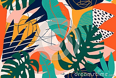 Abstract modern tropical paradise collage with various of fruits, exotic plants and geometrical shapes seamless pattern Vector Illustration