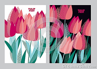 Abstract modern vivid floral motif for surface design. Cool spring pattern with geometric decorative pink tulip flowers. Greeting Vector Illustration