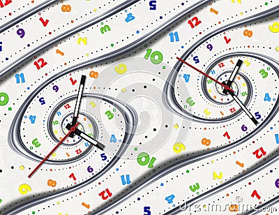 Abstract Modern white rainbow spiral clock fractal clock hands pointers. Twisted surreal clocks watch unusual abstract pattern Stock Photo