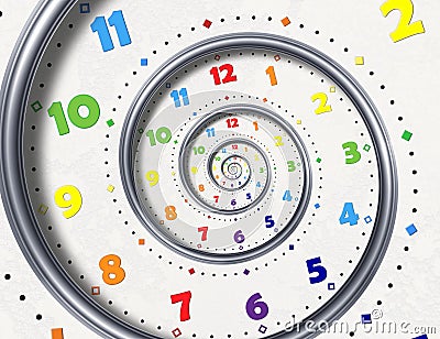 Abstract Modern white rainbow spiral clock fractal clock hands pointers. Twisted surreal clocks watch unusual abstract pattern Stock Photo