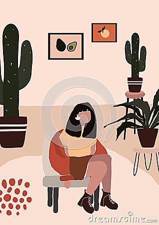 Abstract modern woman in fashion trendy clothes sitting on chair in room with cactus pot Vector Illustration