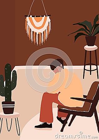 Abstract modern young man in fashion trendy clothes sitting on chair in room Vector Illustration