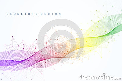 Abstract molecular network pattern with dynamic lines and points. Sound, flow wave, sense of science and technology Vector Illustration