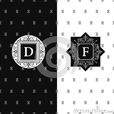 Abstract Monogram graceful template. Seamless pattern background. Calligraphic elegant logo design. Letter emblem sign D, F. Black Vector Illustration