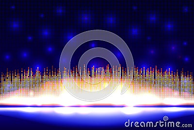 Abstract mosaic of a brightly lit cityscape silhouette on a dark blue Vector Illustration