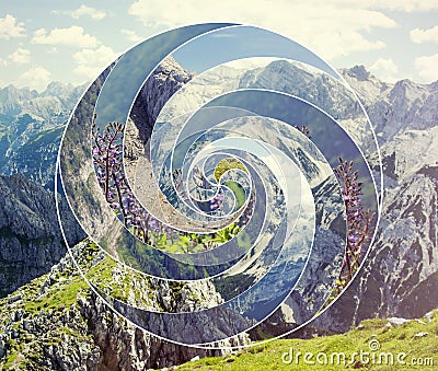 Collage with the landscape and the sacred geometry symbol spiral Stock Photo