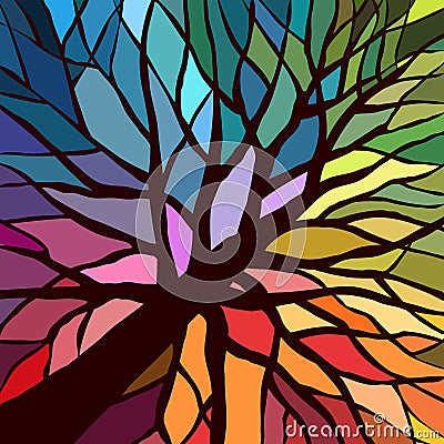 abstract mosaic tree background made of different pieces. a tree with branches and lumpy mosaic gaps in the style of Vector Illustration