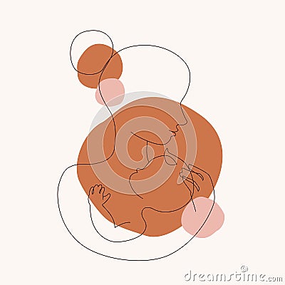 Abstract mother with a child in continuous one line drawing art style. Mother`s Day card Vector Illustration