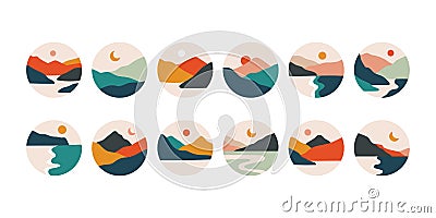 Abstract mountain highlight covers. Set of nature landscapes in pastel colors. Beautiful skyline collection, vector art Vector Illustration