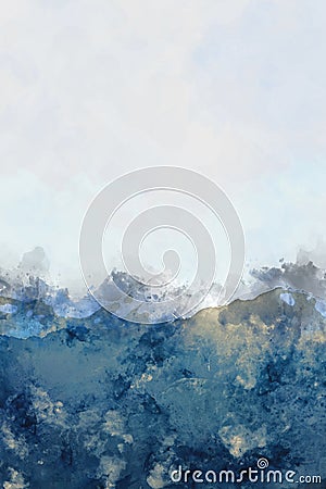 Abstract mountain peaks watercolor painting in blue, digital ill Cartoon Illustration