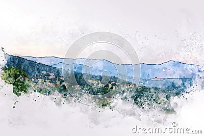 abstract mountain range on watercolor illustation paintingbackground on digital art concept Stock Photo
