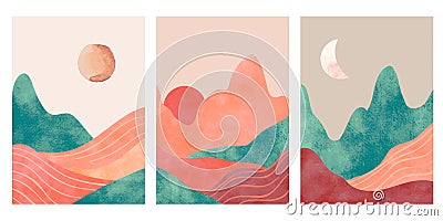 Abstract mountains. Aesthetic minimalist landscape with desert, mountain an sun or moon. Watercolor and paper textured Vector Illustration