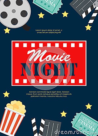 Abstract Movie Night Cinema Flat Background with Reel, Old Style Ticket, Big Pop Corn and Clapper Symbol Icons. Vector Vector Illustration