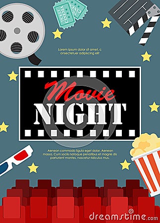 Abstract Movie Night Cinema Flat Background with Reel, Old Style Ticket, Big Pop Corn and Clapper Symbol Icons. Vector Vector Illustration