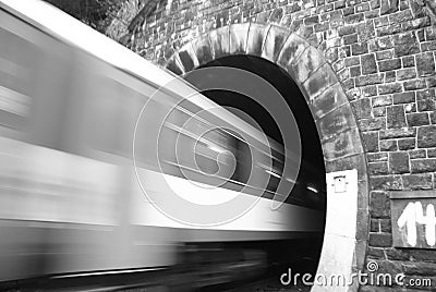 Abstract moving train into the tunnel. Stock Photo