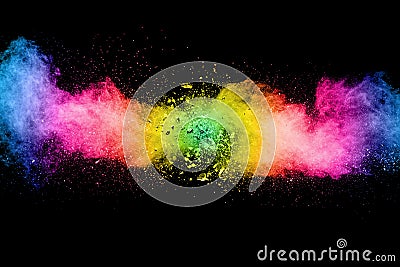 Abstract multi color powder explosion on black background. Stock Photo