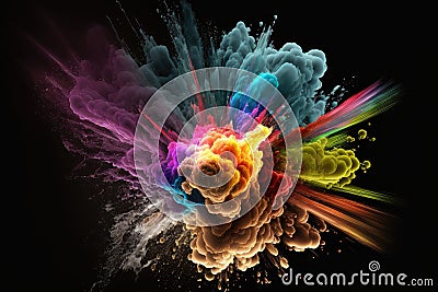 abstract multi-colored explosion on black background with lots of colorful fume Stock Photo