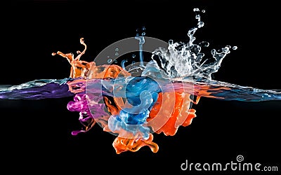 Abstract Multicolored bright acrylic drop splashes in water Stock Photo