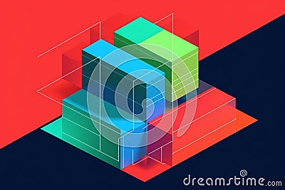 Abstract multicolored isometric parallelepipeds with geometric white lines on a blue-red background, created with Generative AI Stock Photo
