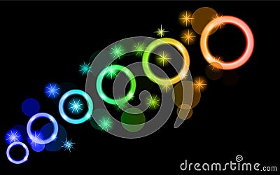 Abstract, multicolored, neon, bright, green, green, blue glowing circles, balls, bubbles, planets with stars on a black background Vector Illustration