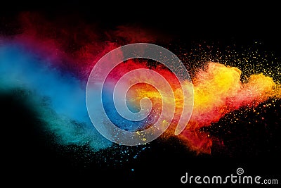 Abstract multicolored powder splatter on black background Stock Photo