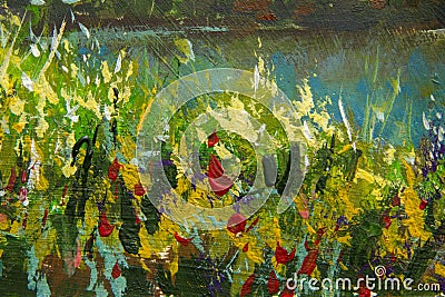 Abstract multicolored summer flowers. Glade of spring flowers. Enlarged Fragment of the picture. Expressionism with acrylic. Natur Stock Photo