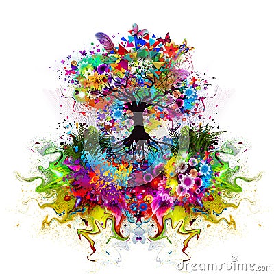 Abstract multicolored Tree with roots Stock Photo
