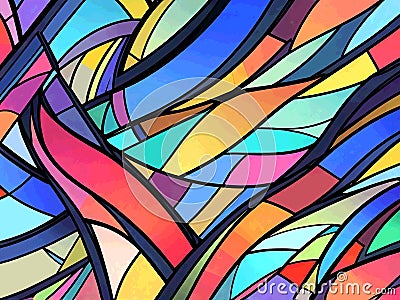 abstract Multicolored wavy pattern overlapping gradient filtered shapes.Vibrant light effect stained glass window cubism art Cartoon Illustration