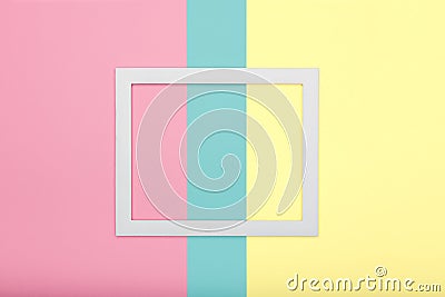 Abstract multicoloured paper texture minimalism background. Minimal geometric shapes and lines composition with picture frame. Stock Photo
